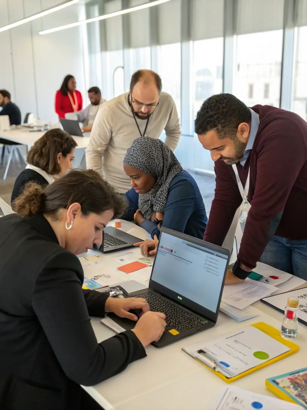 A photograph of a workshop at a TechForumUK event, with participants actively engaged in a hands-on learning experience.